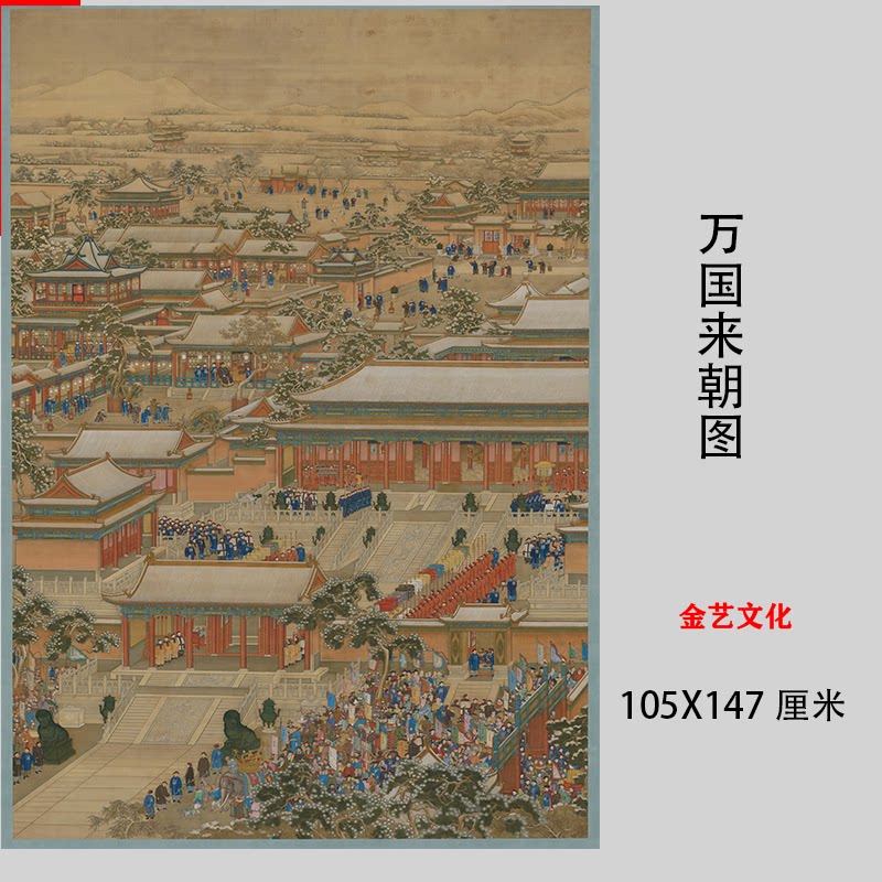 清 宫廷院本 建筑人物画装饰画 万国来朝图 绢布设色高清微喷临摹