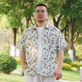 民生铺子夏季街头复古花衬衫亚麻料海边度假宽松衬衣夏威夷风短袖