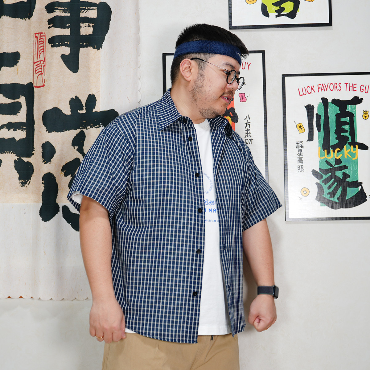 民生铺子男士夏季日系复古格子宽松休闲衬衫百搭小清新短袖衬衣