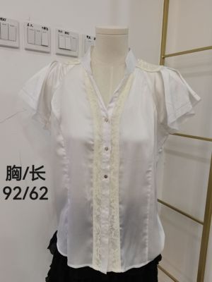 出口外贸余单弹力棉OL纯色短袖衬衣淑女装4色白红蓝黑
