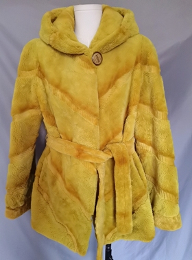 水貂绒外套双面呢大衣毛呢中长款外套貂皮外套狐狸毛马甲黄色大衣