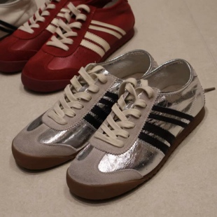 女平底复古系带休闲运动板鞋 百搭老爹女 真皮德训鞋 猫梵惜2026新款