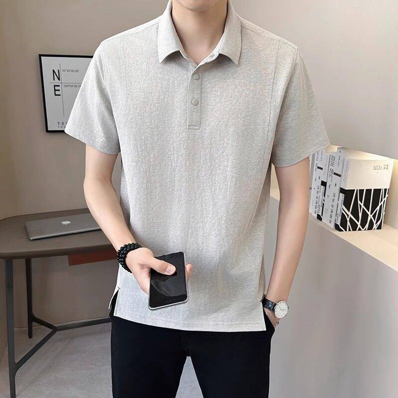 极简主义高端开叉下摆棉麻短袖POLO衫男士夏季棉麻翻领T恤男上衣