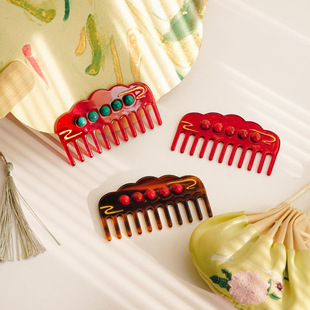 逸意饰品国风文创醋酸发梳祥云玛瑙宽齿美发梳防静电大理石梳子