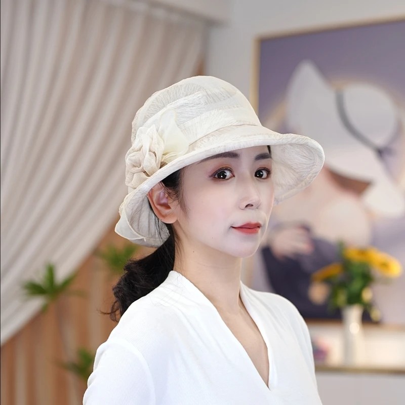2025新款春夏季出游遮阳帽薄款可折叠度假拍照花朵网纱帽女中老年