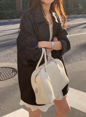 ounce韩国东大门女装2026春夏高品质翻领皮衣外套女宽松百搭长袖