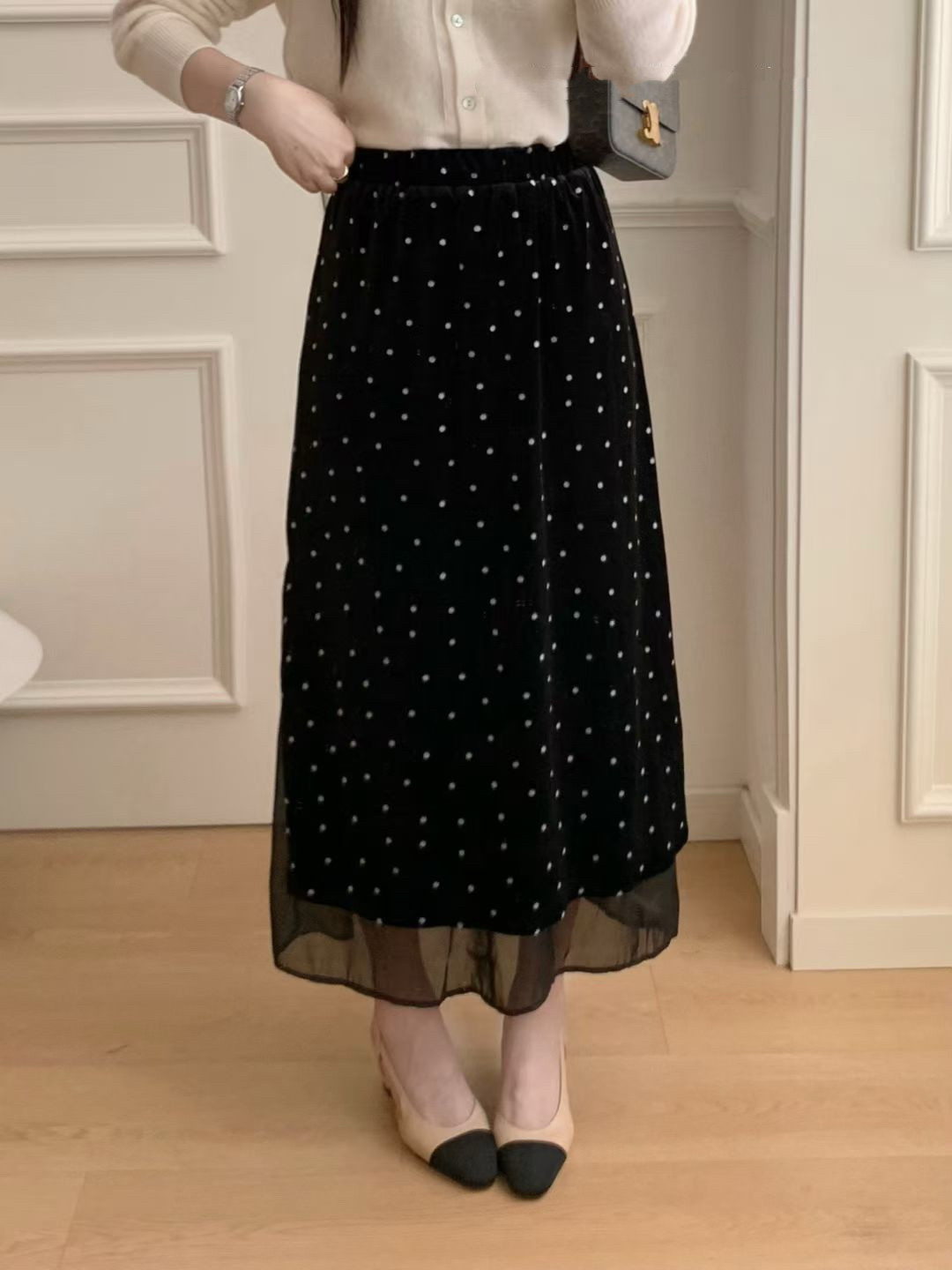 韩国东大门正品女装2025百搭高腰显瘦波点丝绒材质半身裙女中长款