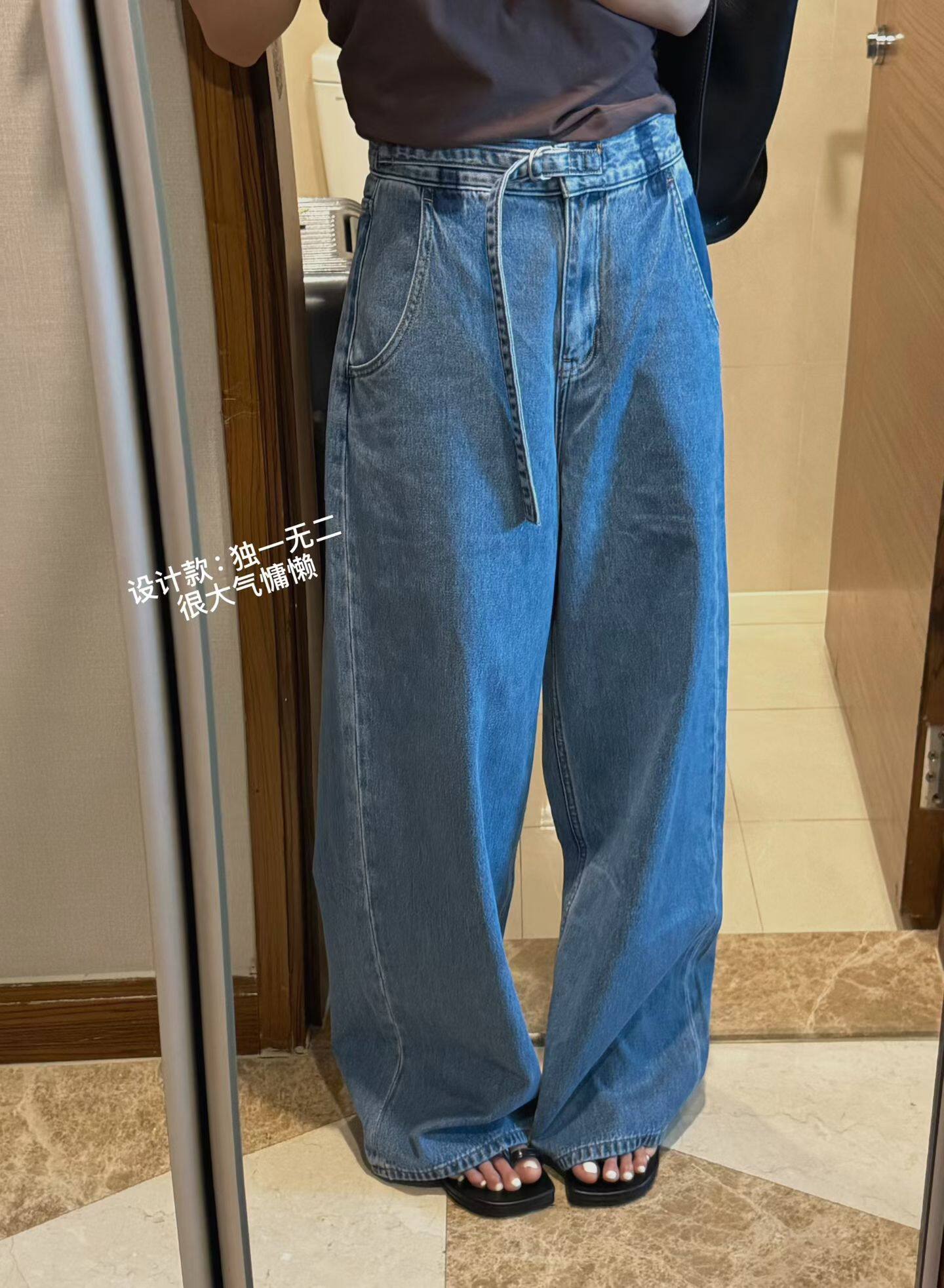 韩国东大门正品女装 2026春夏深蓝色系带搭扣调节直筒休闲牛仔裤