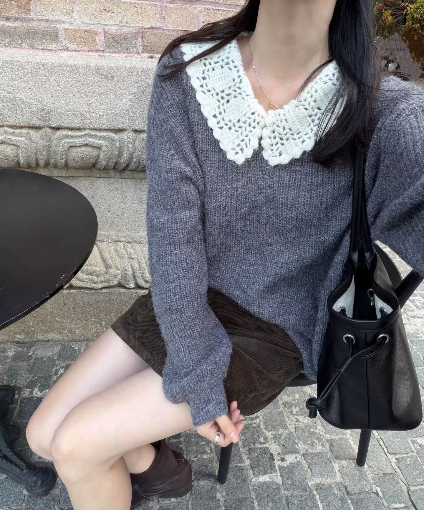 韩国东大门正品女装2026秋季新款百搭显瘦娃娃领钩花蝴蝶结针织衫