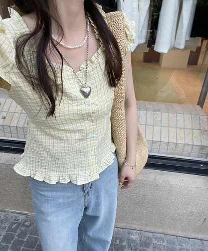 现韩国东大门正品女装夏季新款高品质荷叶边短袖衬衫格子拼色chic