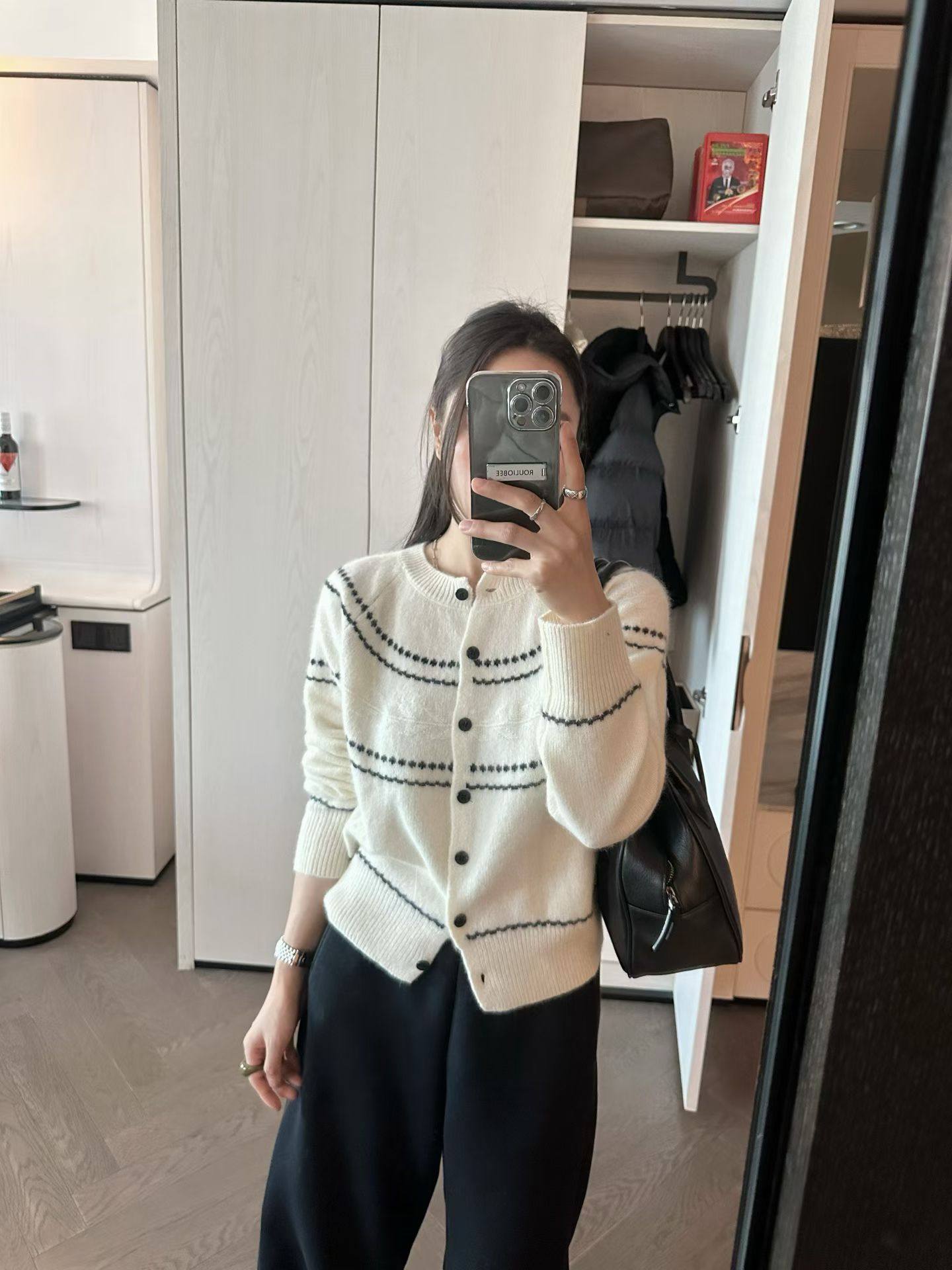 韩国东大门正品秋冬高品质圆领拼色条纹宽松显瘦针织开衫毛衣外套