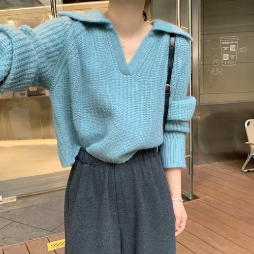 现！韩国东大门正品女装 秋冬季新款 高品质比例v翻领羊绒针织衫