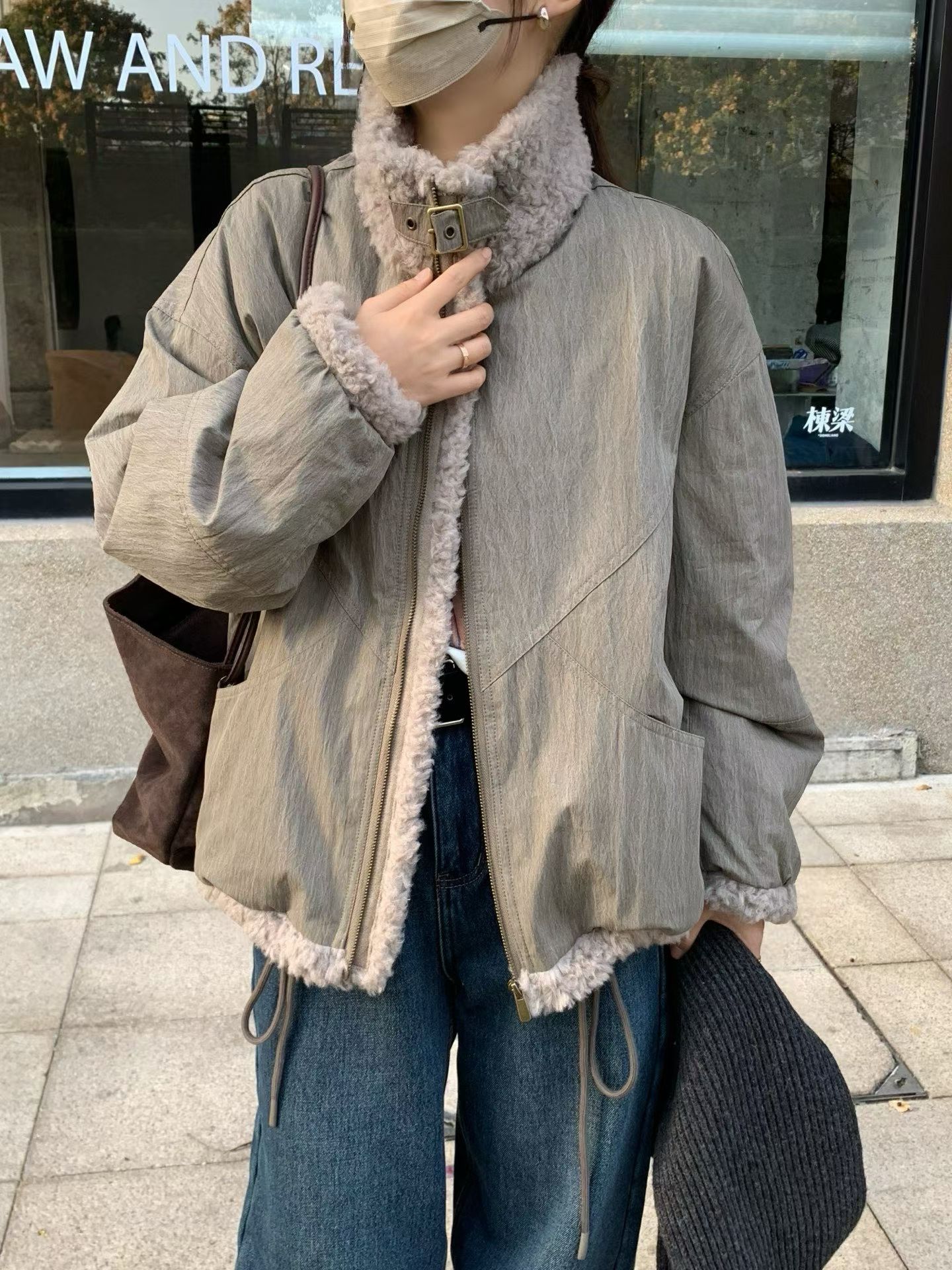 韩国东大门正立领宽松纯色高品质氛围感羊羔毛拉链派克羽绒服外套