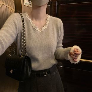 口针织衫 新年聚餐聚会圣诞V领蕾丝拼接毛毛袖 女装 韩国东大门正品