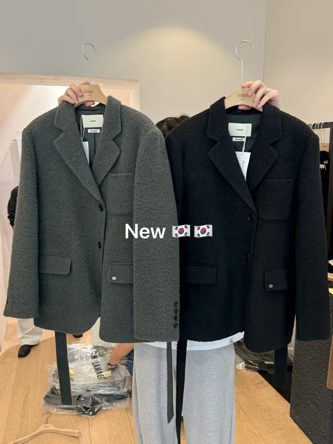 femme韩国东大门正品女装 百搭翻领长袖单排扣西装腰带羊绒外套