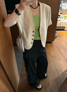 现！韩国东大门正品女夏季新款 v领短袖薄款棉麻气质奶油米色外套