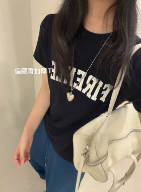 韩国东大门女装百搭显瘦圆领字母短袖T恤磨毛加厚内搭打底衫