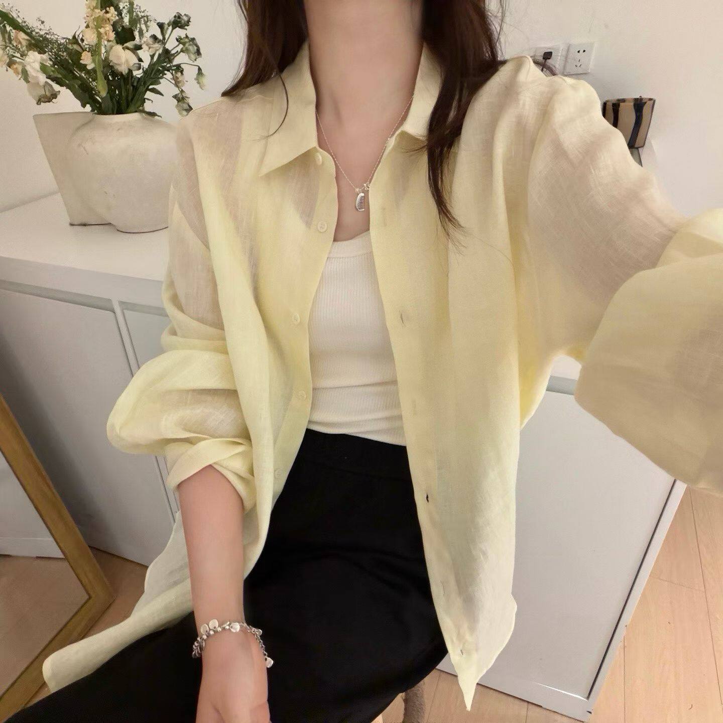 韩国东大门正品女装2026春夏高品质翻领长袖亚麻防晒衬衫宽松百搭