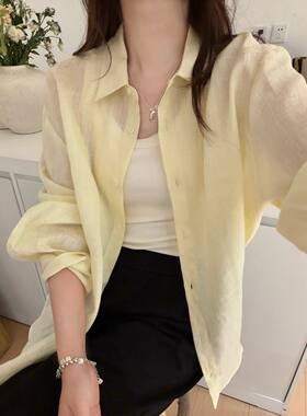 韩国东大门正品女装2026春夏高品质翻领长袖亚麻防晒衬衫宽松百搭