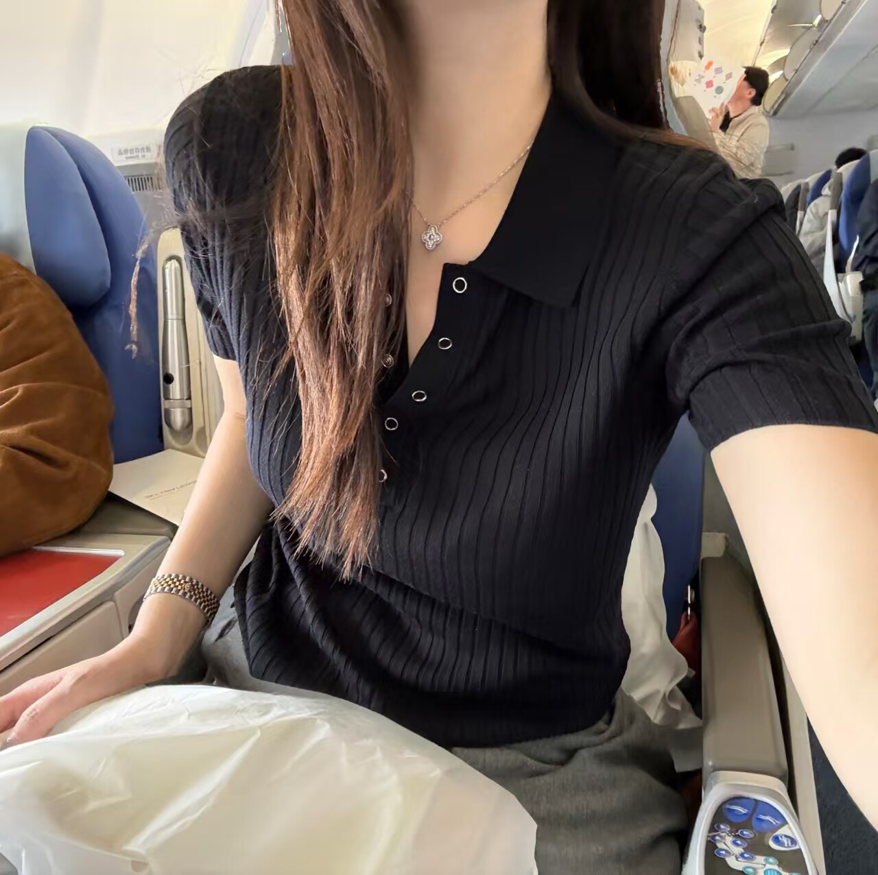 韩国东大门正品女装2026春夏新款翻领短袖纽扣螺纹冰线针织衫显瘦