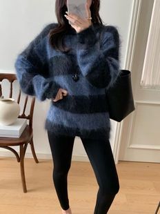 针织衫 2025百搭圆领宽松条纹长袖 上衣山羊绒毛衣 装 韩国东大门正品