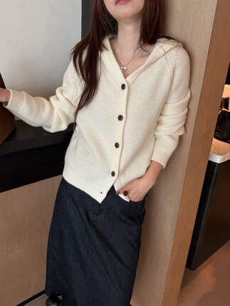 韩国东大门正品女装2026秋季新款百搭显瘦连帽排扣针织开衫外套
