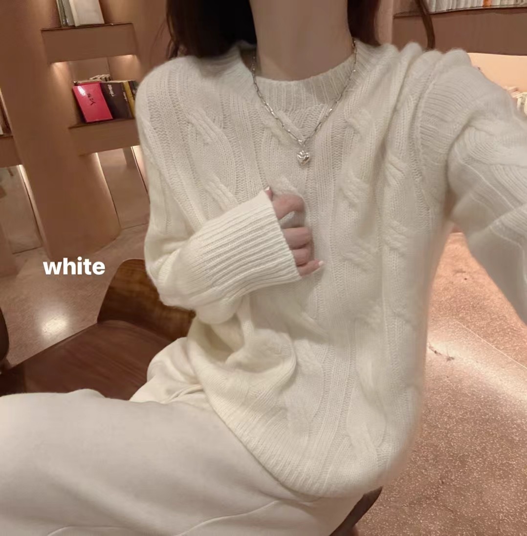 韩国东大门正品女装秋冬高品质百分百山羊绒圆领麻花针织衫打底衫