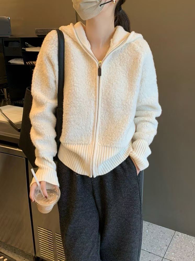 韩国东大门正品女装秋冬高品质连帽颗粒羊毛宽松短款拉链针织外套