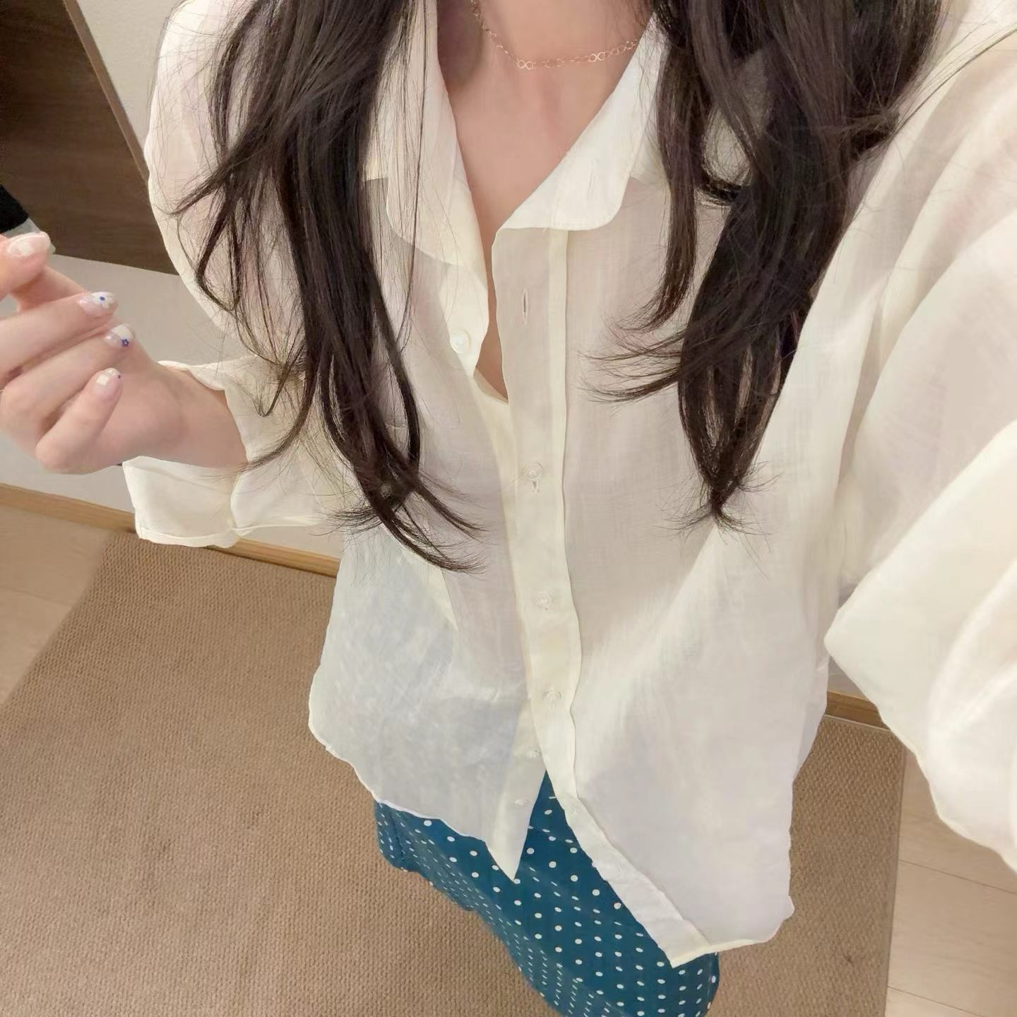 韩国东大门正品女装百搭翻领薄款防晒长袖系扣衬衫宽松显瘦休闲