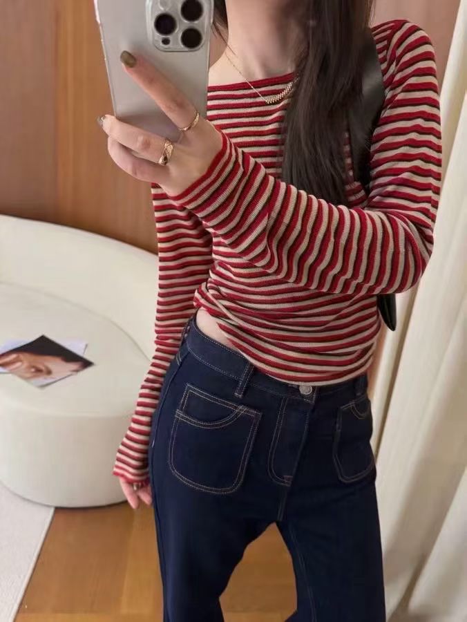 韩国东大门正品女装2026秋季新款百搭显瘦圆领条纹长袖T恤上衣女