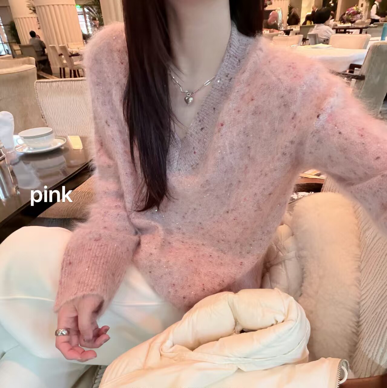 韩国东大门正品女装百搭显瘦V领杂色亮片山羊绒针织衫毛衣上衣ins