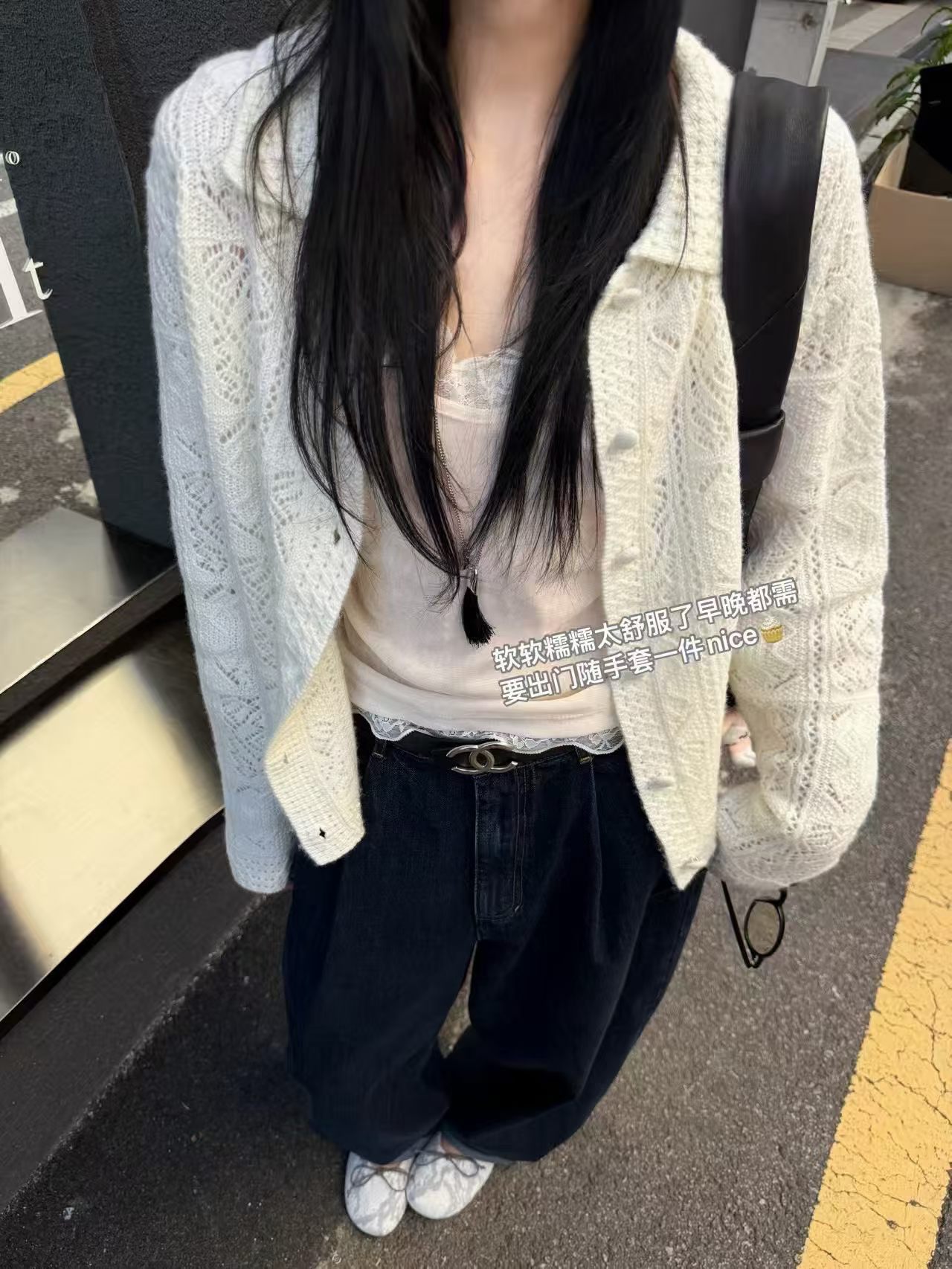 韩国东大门正品女装秋季百搭显瘦翻领镂空钩花布包扣针织开衫毛衣