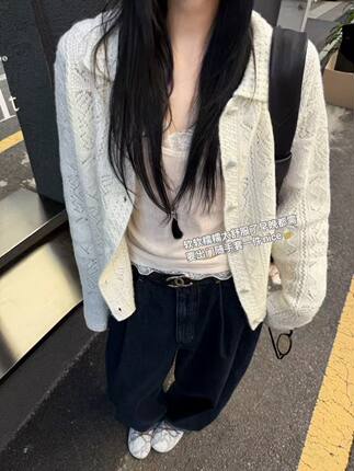 韩国东大门正品女装秋季百搭显瘦翻领镂空钩花布包扣针织开衫毛衣