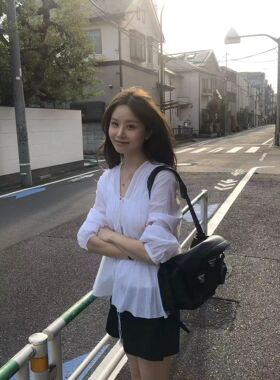 ounce韩国东大门正品女装2026夏新款v领系带甜美长袖衬衫时尚百搭
