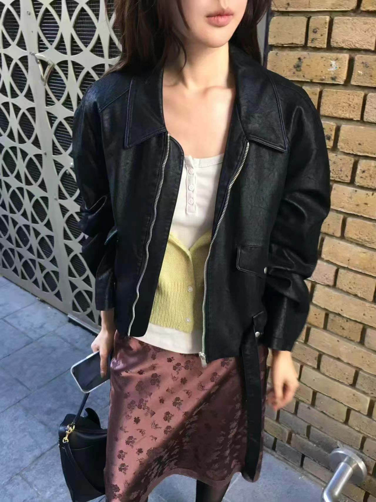 venir韩国东大门正品2026秋季新显瘦翻领长袖短款PU外套女皮衣