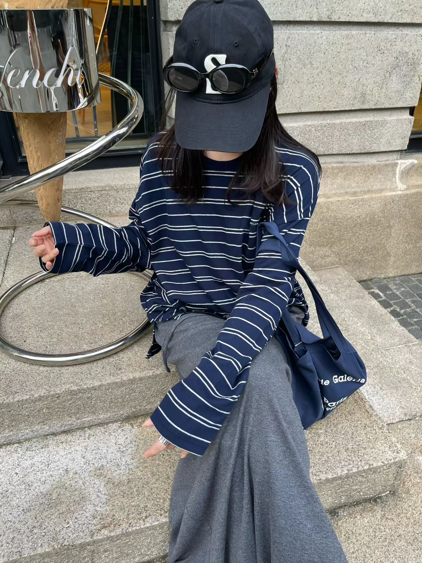 韩国东大门正品女装 2026秋冬季新款藏青色条纹字母休闲百搭T恤衫