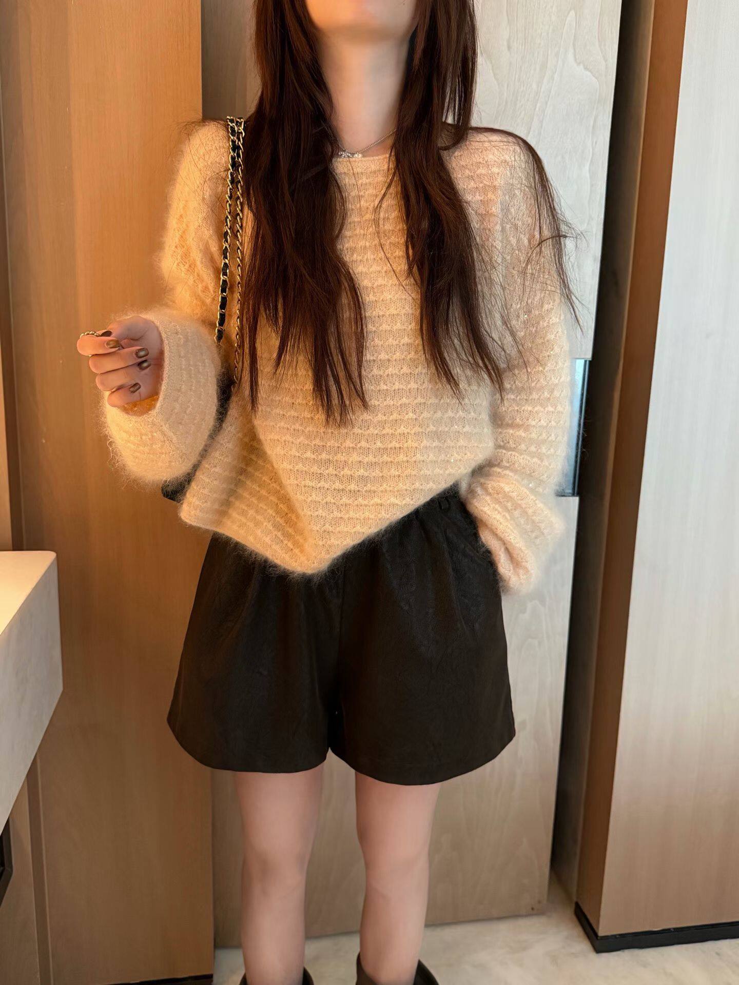 韩国东大门正品女装新款百搭显瘦圆领亮片拉毛山羊绒长袖针织衫