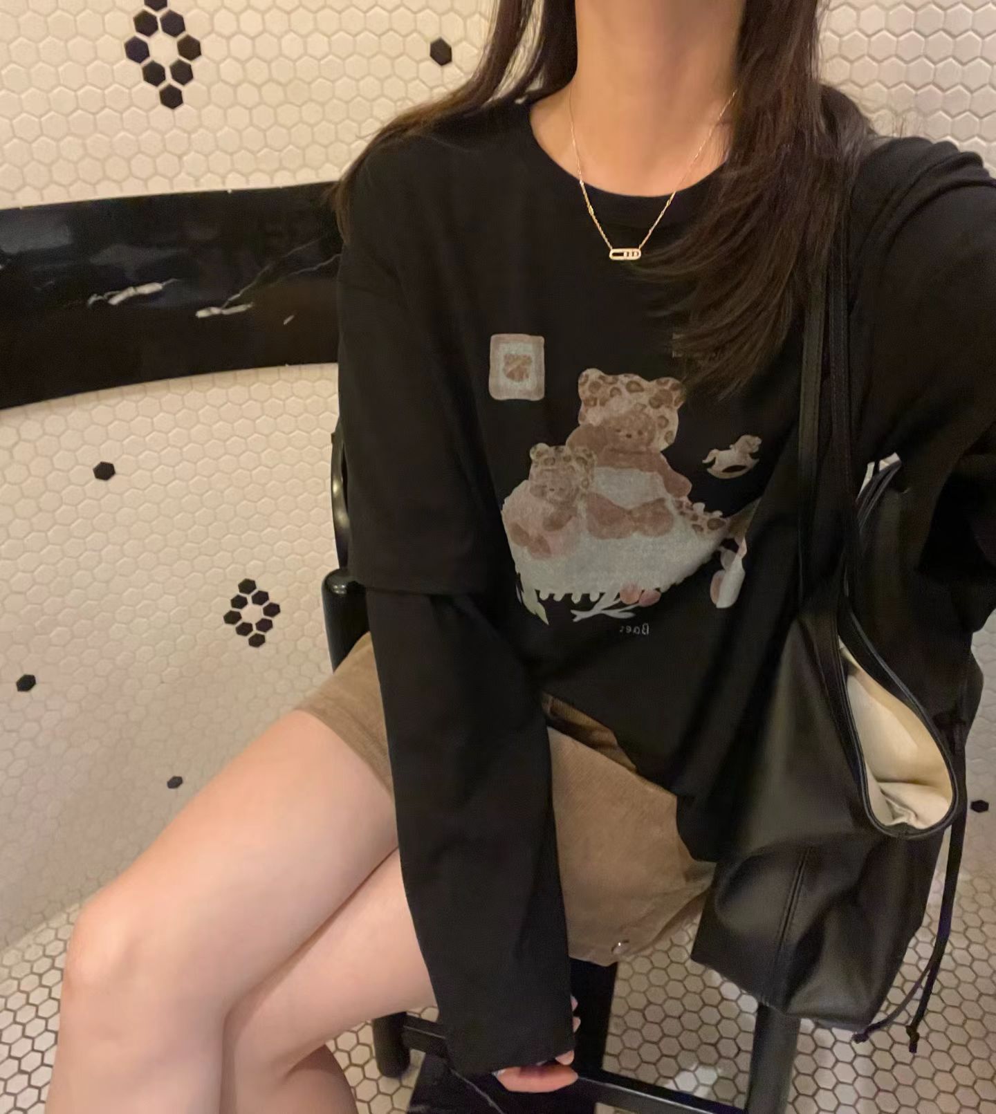 韩国东大门正品女装新款百搭显瘦圆领假两件长袖卡通印花小熊T恤