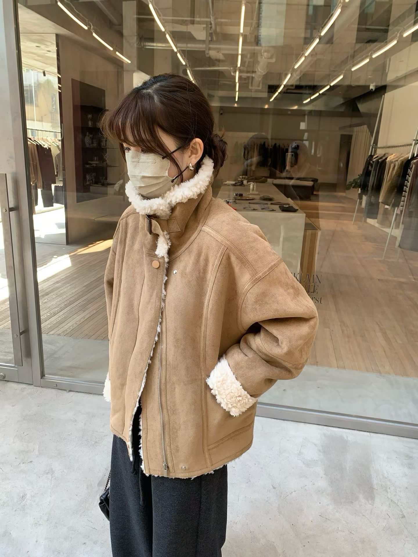 韩国东大门正品女装秋冬高品质立领宽松显瘦全羊毛皮毛一体外套