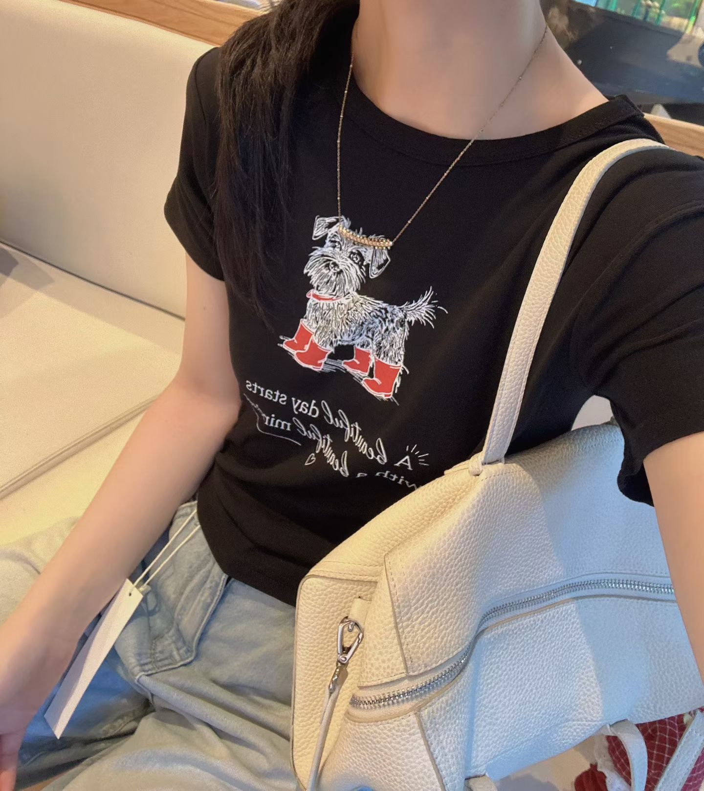 韩国东大门正品女装百搭圆领短袖卡通小狗印花T恤小版型显瘦休闲