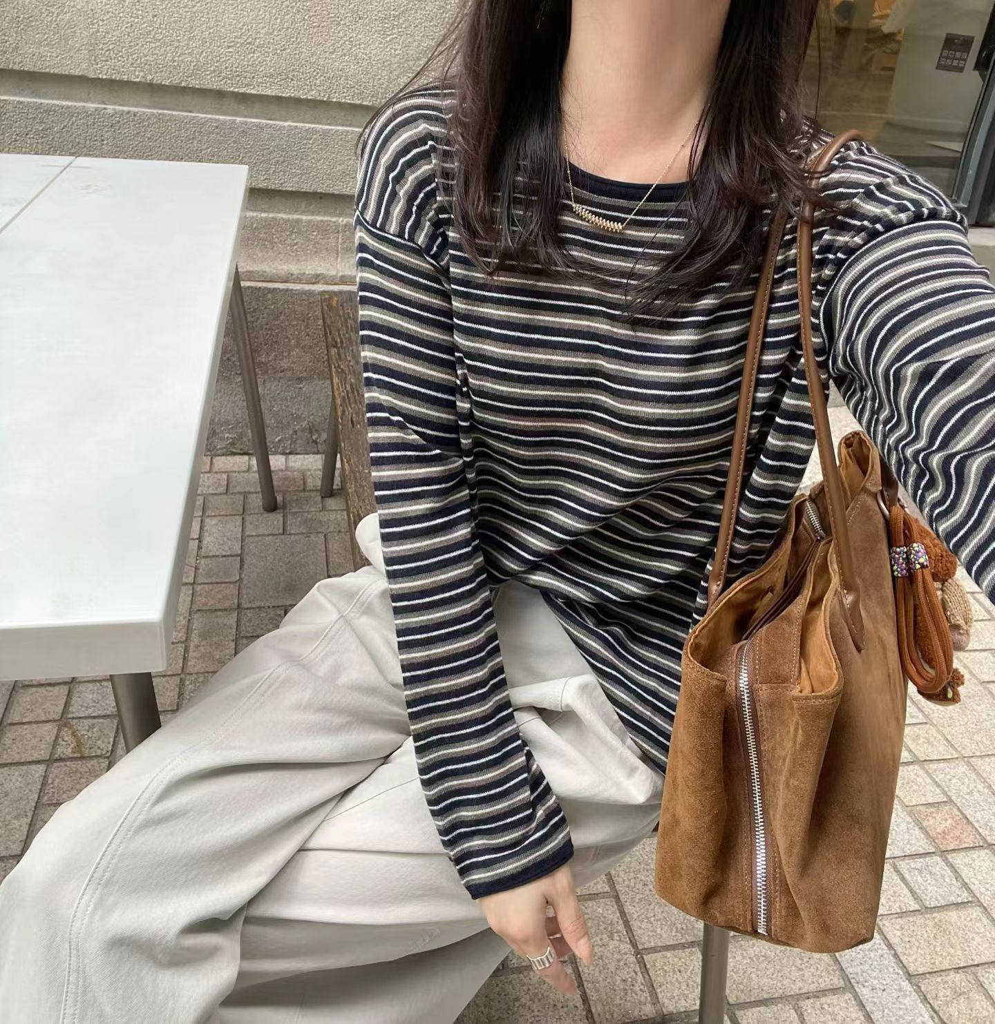 韩国东大门正品2026秋季新款百搭显瘦圆领条纹长袖T恤针织女上衣