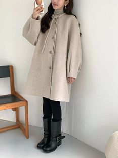 egg韩国东大门正品女装2025百搭圆领蝴蝶结系带毛呢外套休闲大衣