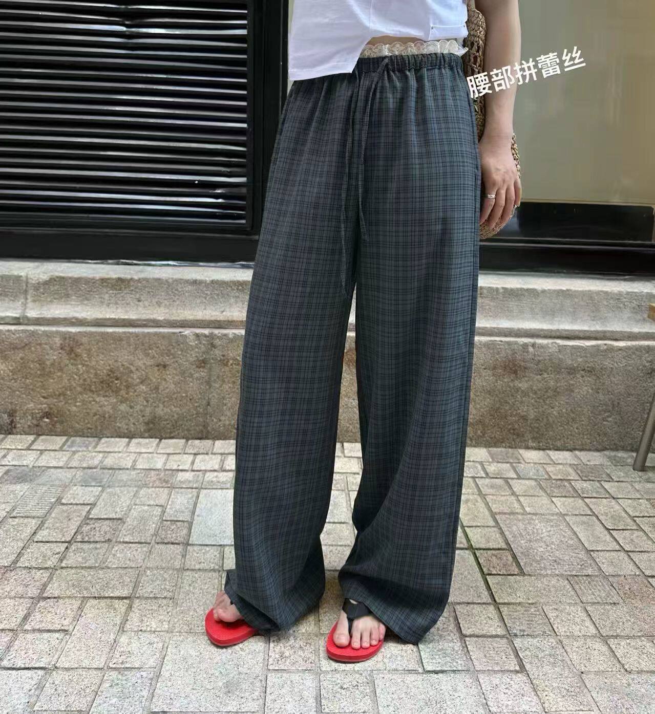 韩国东大门正品女百搭高腰蕾丝花边格子阔腿裤宽松休闲直筒裤ins