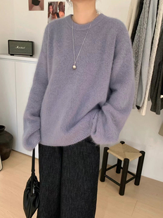 现！韩国东大门正品女冬季新高品质圆领宽松水貂绒套头毛衣慵懒风