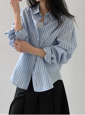 comma韩国东大门女装2026春夏高品翻领条纹休闲长袖衬衫女宽松百