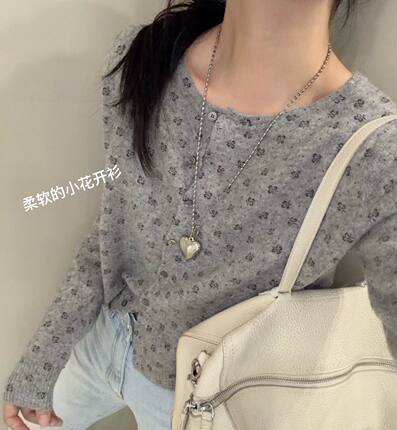 韩国东大门正品女装2026新款百搭显瘦圆领单排扣小碎花针织开衫
