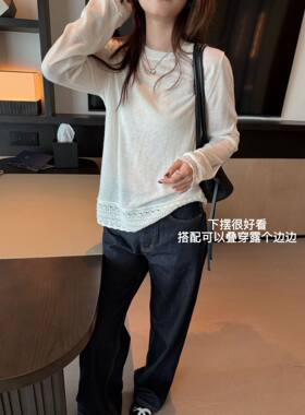 韩国东大门女装2026秋季新款百搭显瘦圆领长袖拼蕾丝打底衫