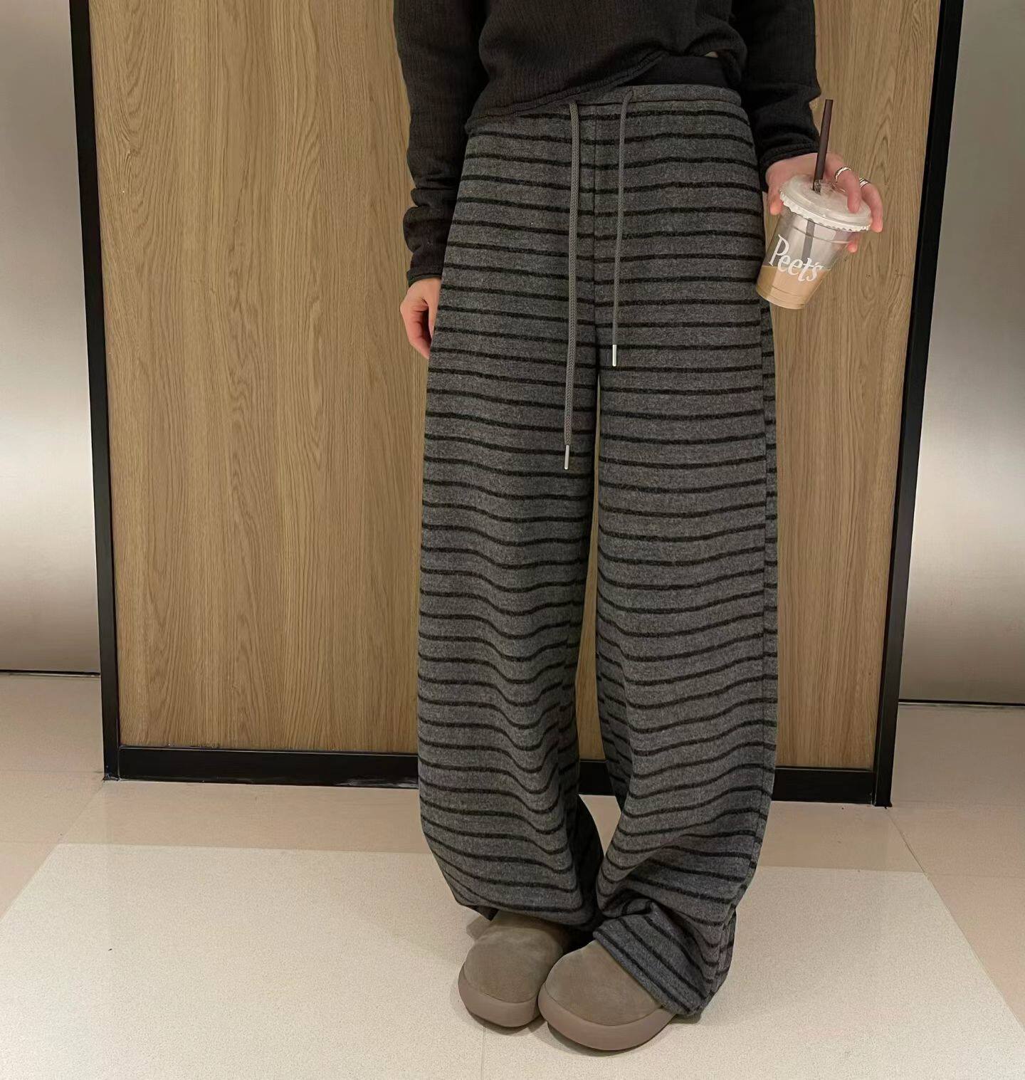 韩国东大门正品百搭松紧腰抽绳宽松休闲裤阔腿裤长裤子加绒加厚