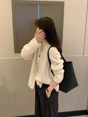 韩国东大门正品2025百搭高领麻花山羊绒宽松纯色针织衫毛衣上衣