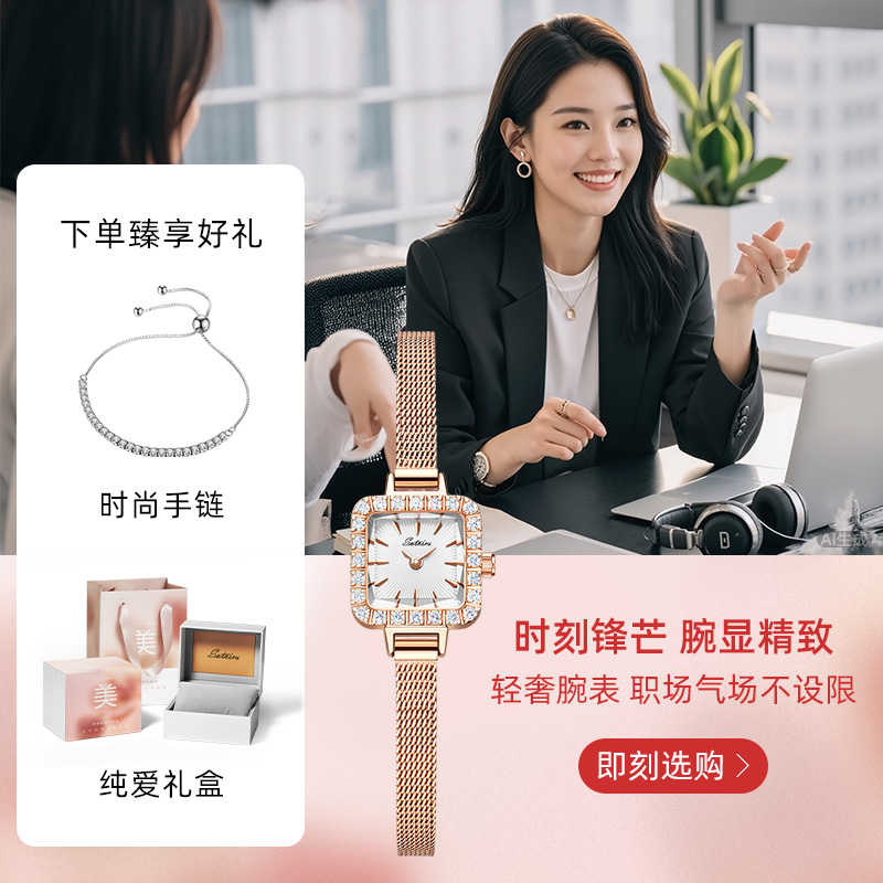 圣缇斯轻奢玫瑰金钢带小方糖